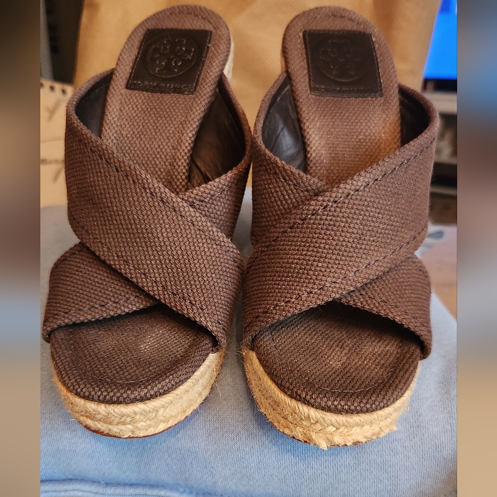 Tory Burch Dark Brown Crisscross Espadrille Wedge Sandals
